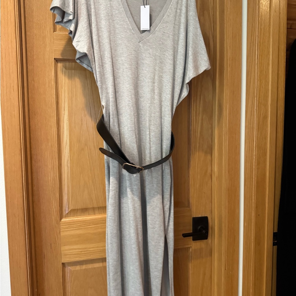 Karen Millen Light Gray V-Neck Maxi Dress with Flutter Sleeves